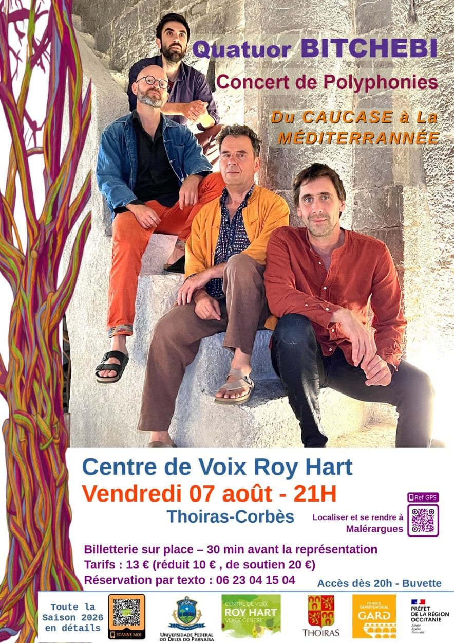 Concert de Polyphonies avec le Quatuor Bitchebi, vendredi 7 aout 2026 à 21h au Centre de Voix Roy Hart à Malérargues. Du Caucase à la Méditerranée