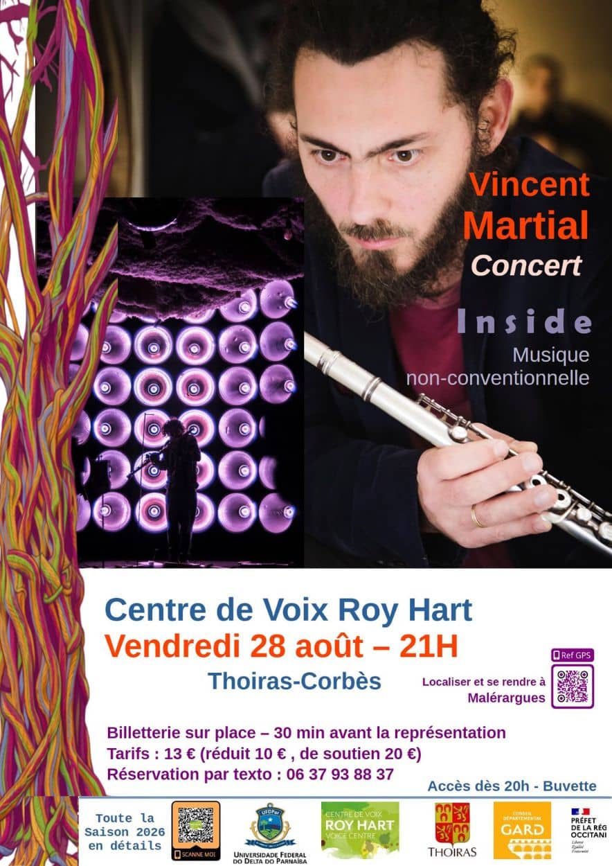 Concert Vincent Martial vendredi 28 aout 2026 à 21h au Centre de Voix Roy Hart à Malérargues. Inside, musique non conventionnelle.